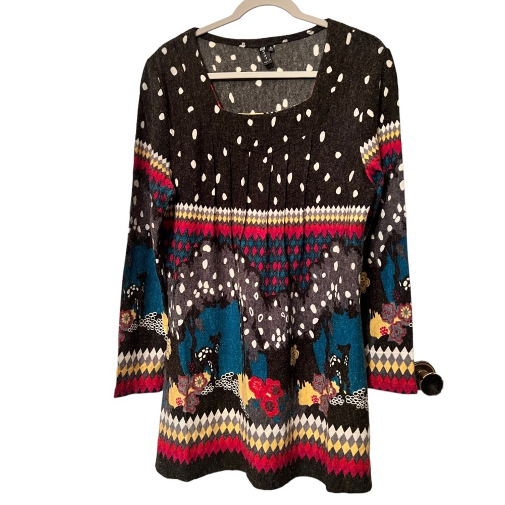 Bacci Sweater Dress Women’s Small Charcoal Gray With Deer & Flower Print